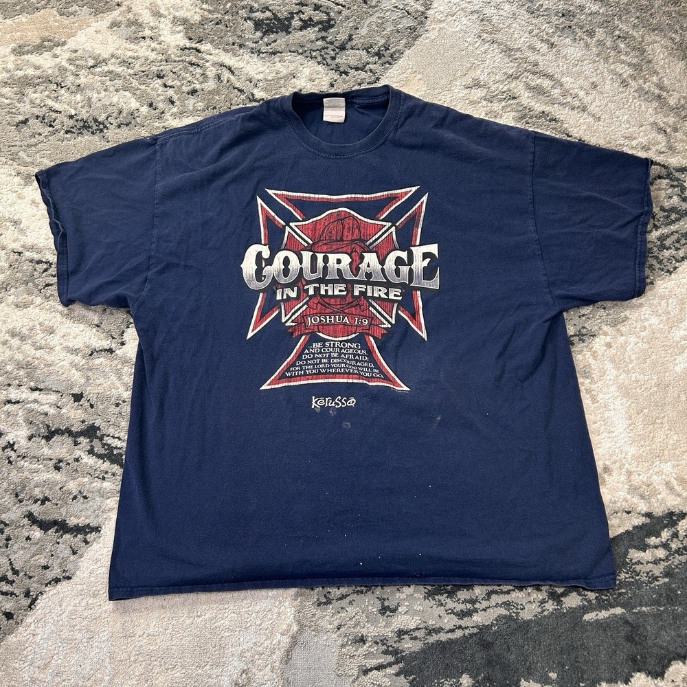 Y2K Courage In The Fire Kerusso Firefighter Joshua 1:9 Jesus Tee Vtg Sz 2XL